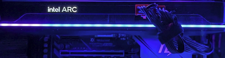 A Intel Arc A580 graphics card in a pc build with a blue light