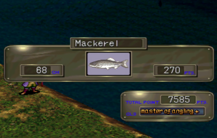 Breath of Fire 3 screenshot showing the 'Mackerel' fish caught screen with technical stats like 68cm and 270 points.
