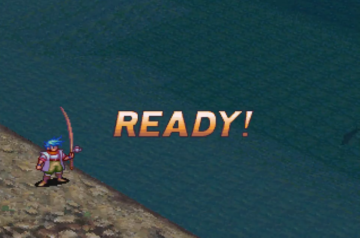 Breath of Fire III PSP gameplay screenshot showing Ryu standing at a fishing spot on a cliff edge with the word 'READY!' on screen.