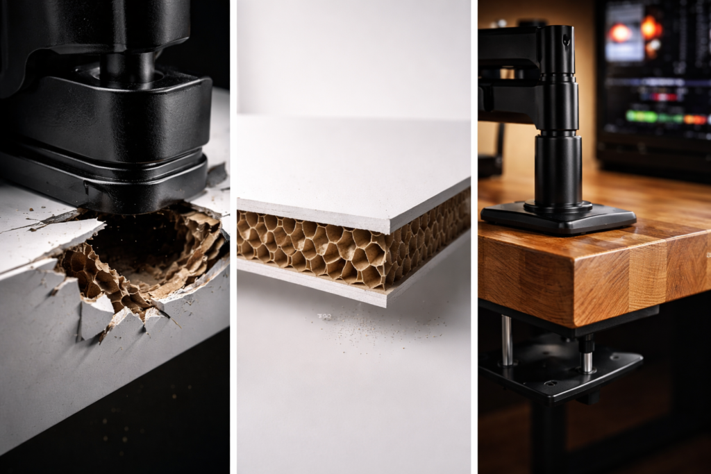 Triptych showing IKEA Lagkapten monitor mount failure with crushed honeycomb interior, a cross-section of the cardboard desk structure, and a heavy-duty clamp on a solid wood Karlby desk.